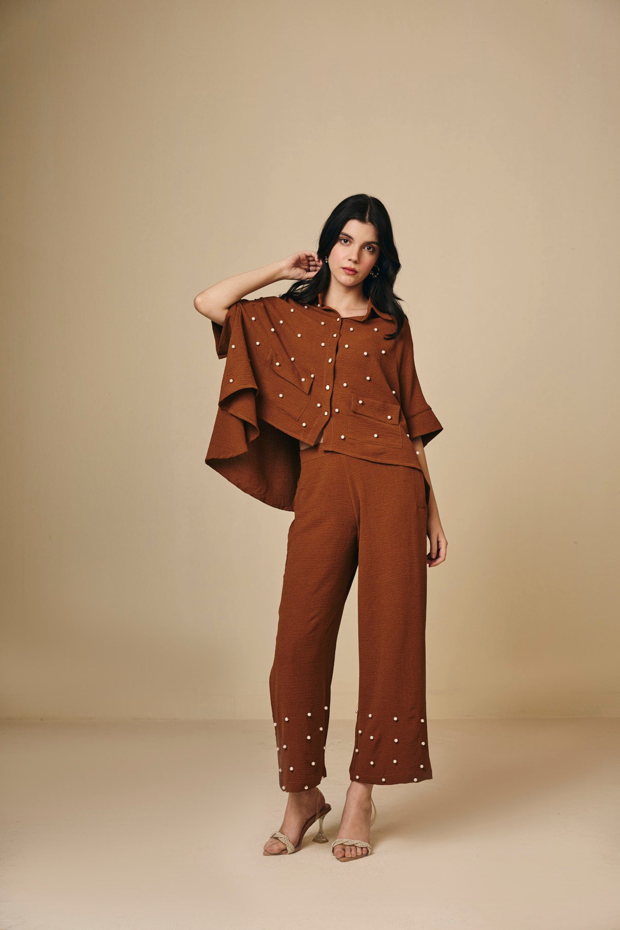 Rust Cotton Pants with Pearl Detail