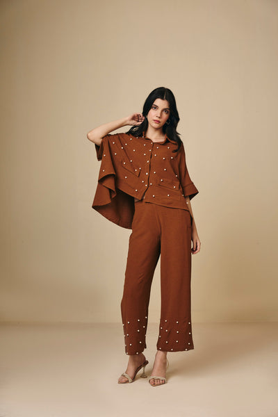 Rust Cotton Pants with Pearl Detail