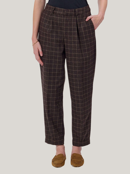 BROWN CHECKED WOOL TWEED PANTS