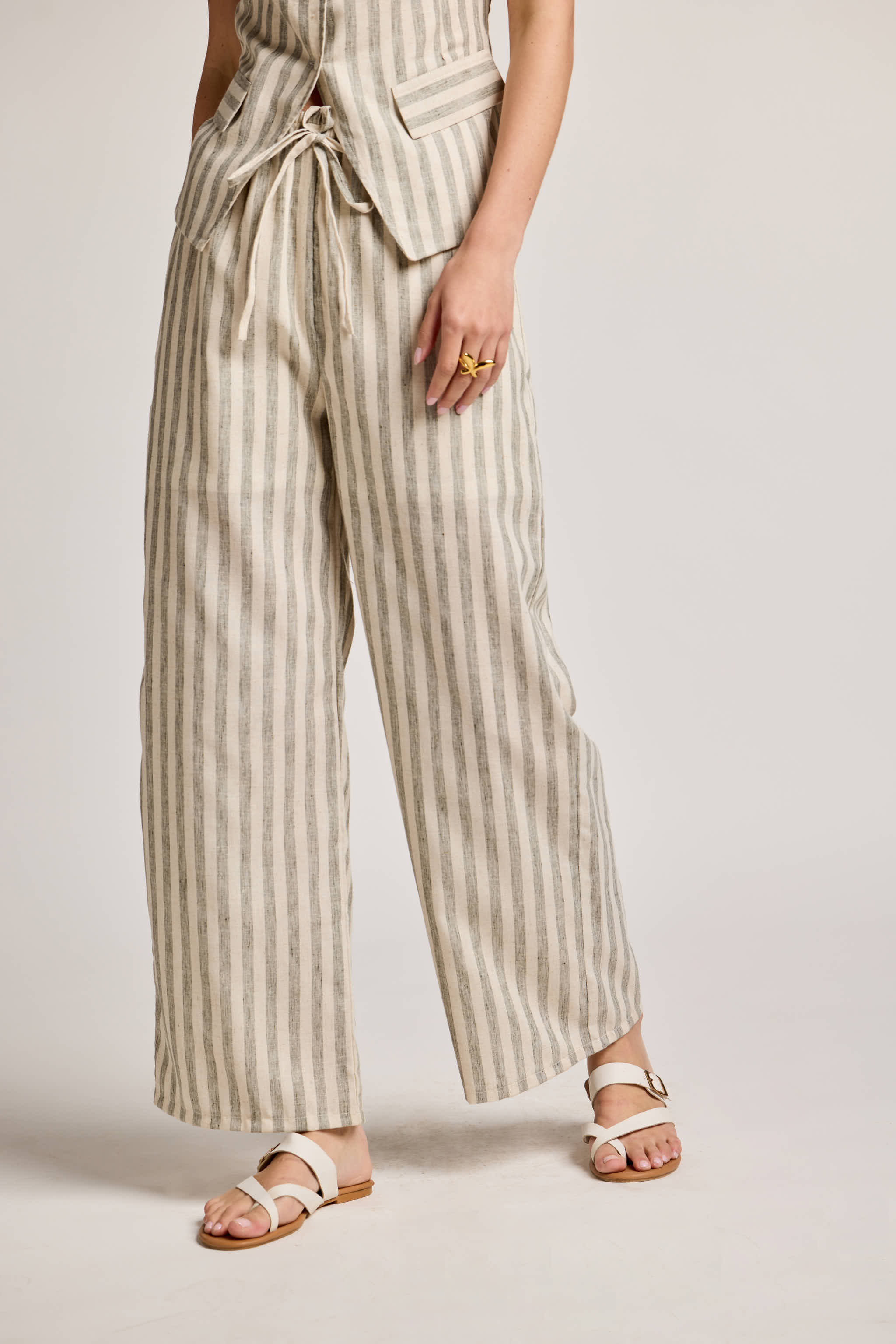 Green and White Striped Linen Trousers
