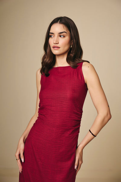 Sunset Maroon Cotton Linen Midi Dress