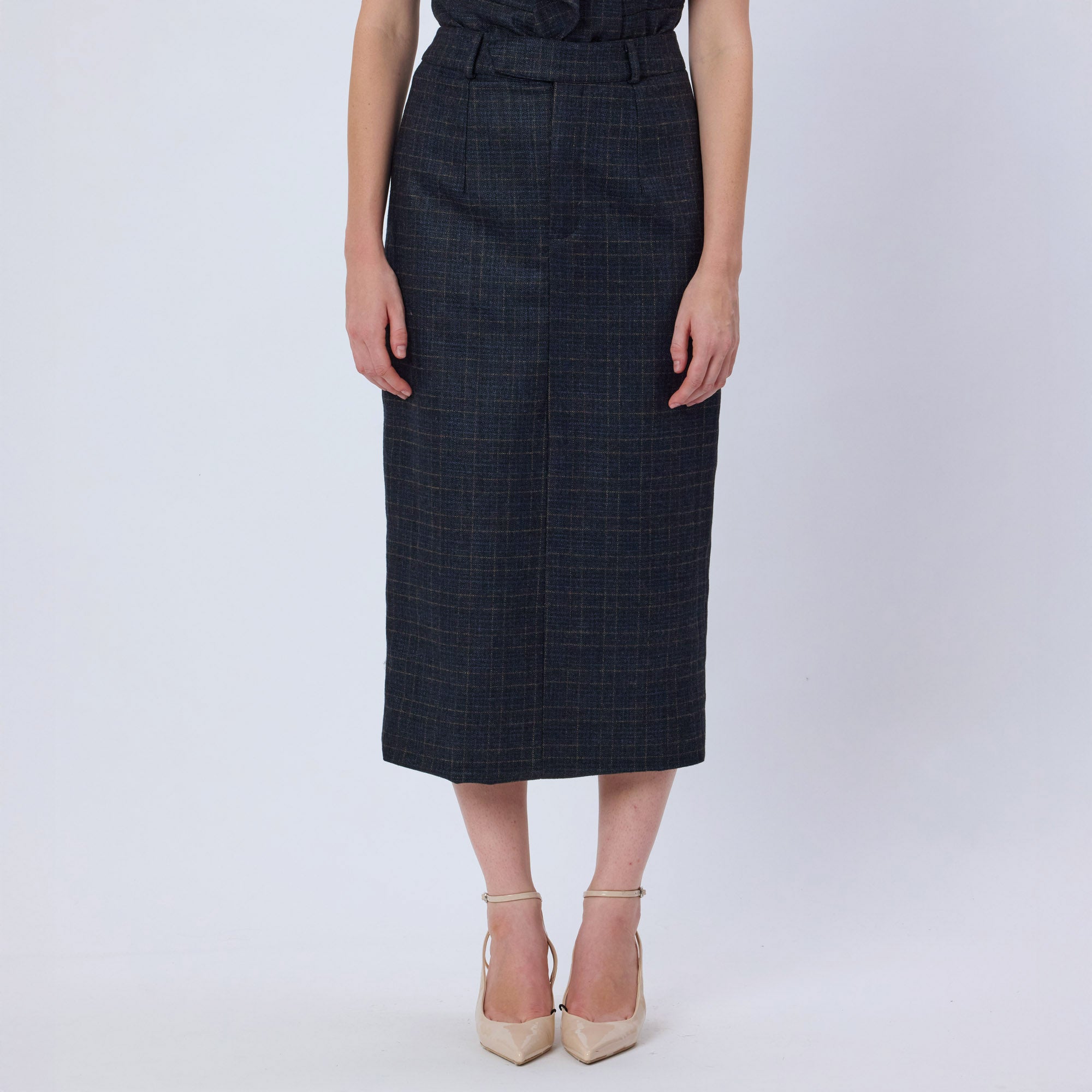 BLUE CHECKED WOOL TWEED SKIRT