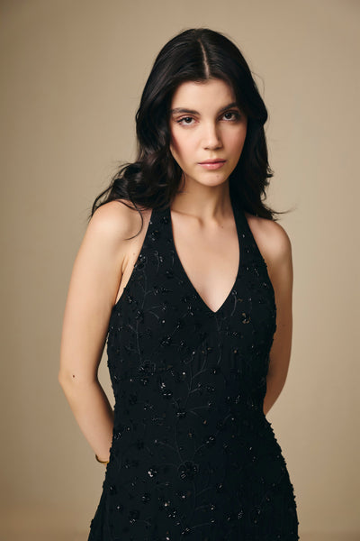 Black Georgette Halter Neck Embroidered Dress