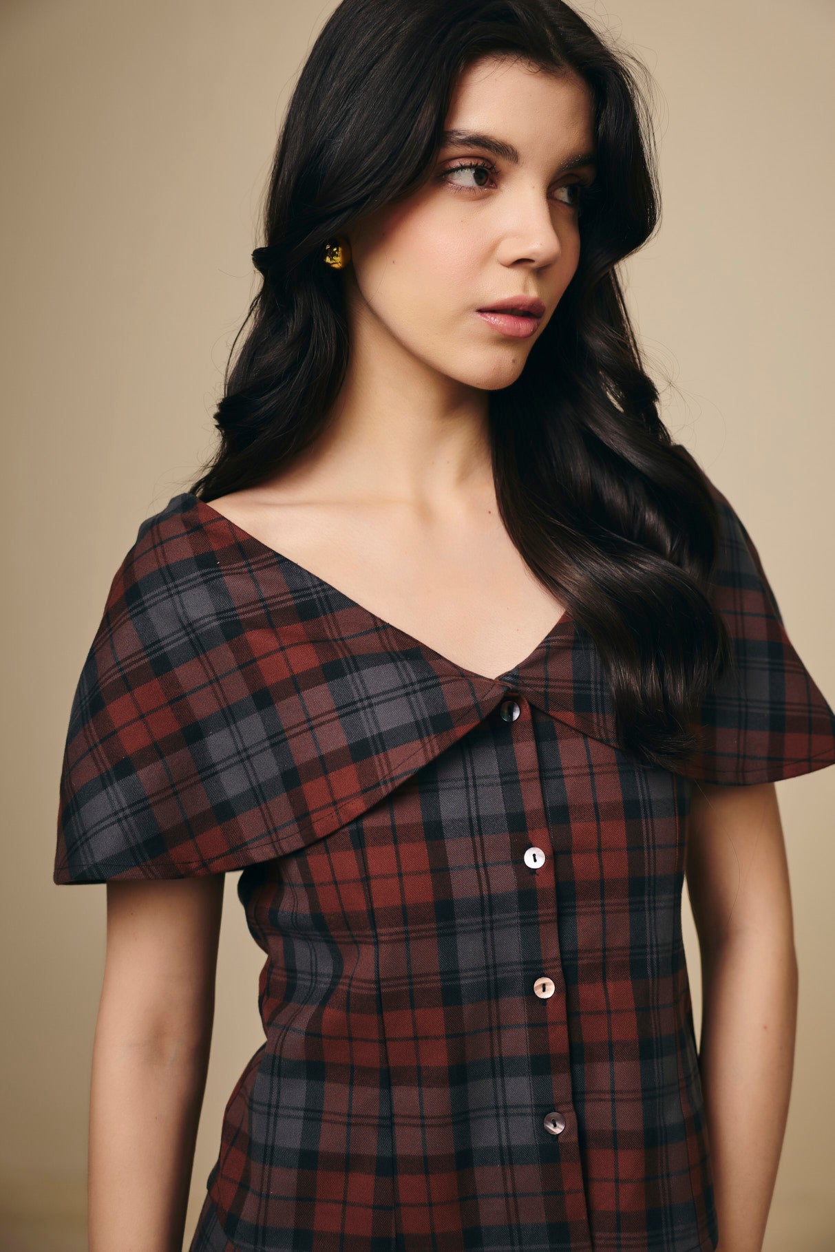 Brown and Blue Checked Cotton Sailor Top