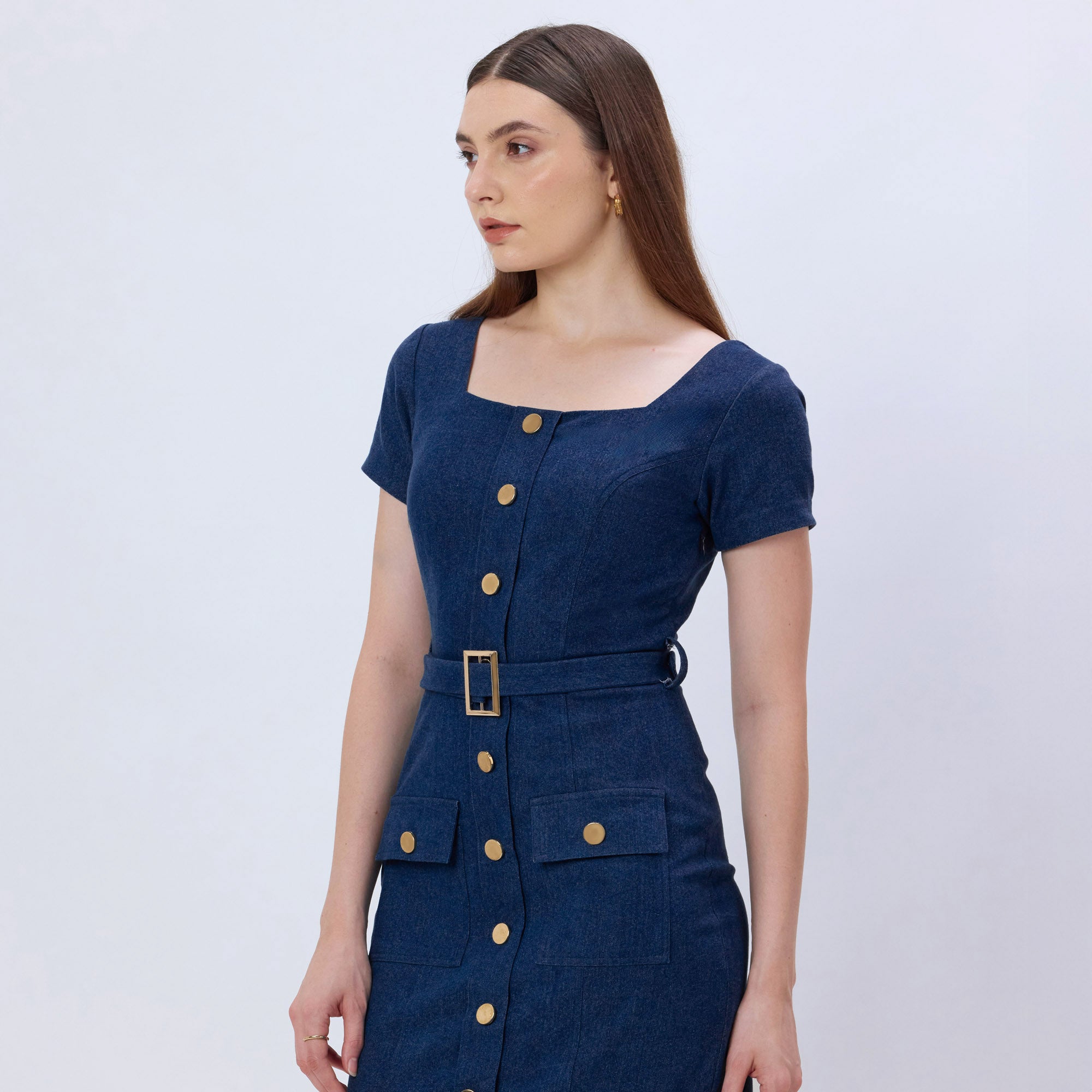 DARK BLUE DENIM MIDI DRESS