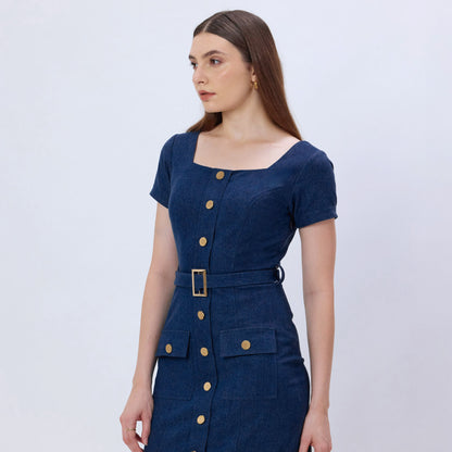 DARK BLUE DENIM MIDI DRESS