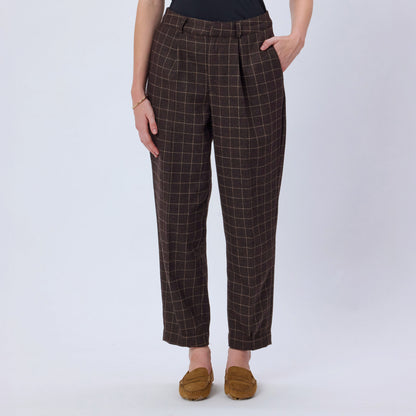BROWN CHECKED WOOL TWEED PANTS