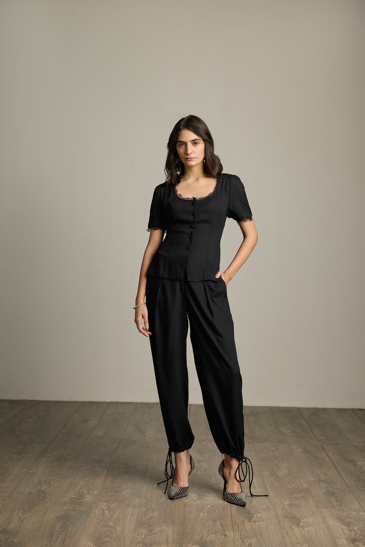 Black Lace-Trim Viscose Rayon Square Neck Top