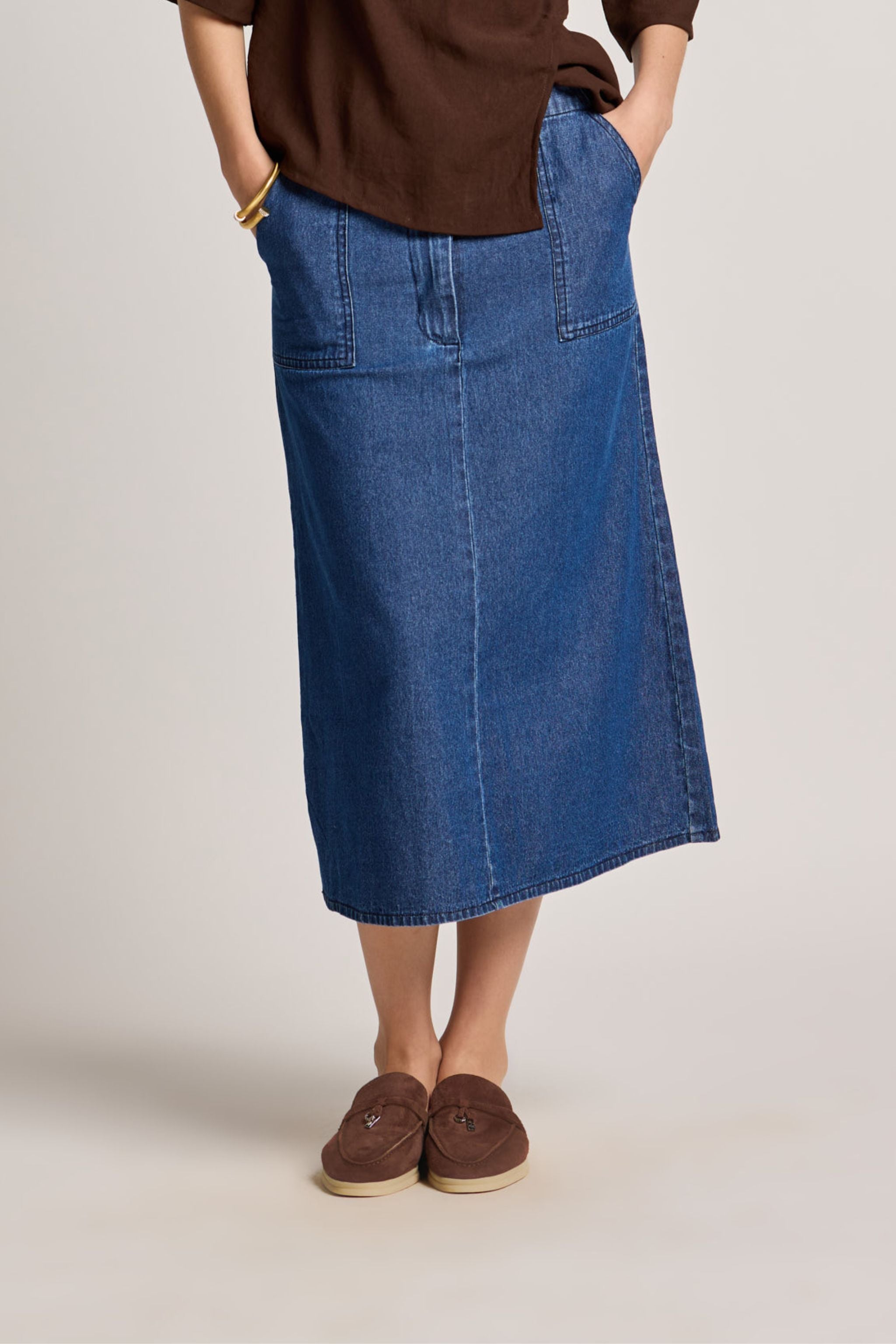 Indigo Button-Front Denim Midi Skirt