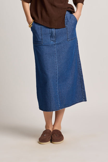 Indigo Button-Front Denim Midi Skirt