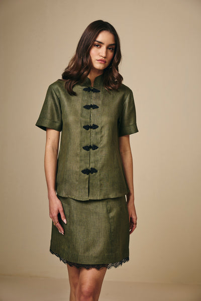Olive Cotton Linen Mandarin Collar Top with Knot Button Detail