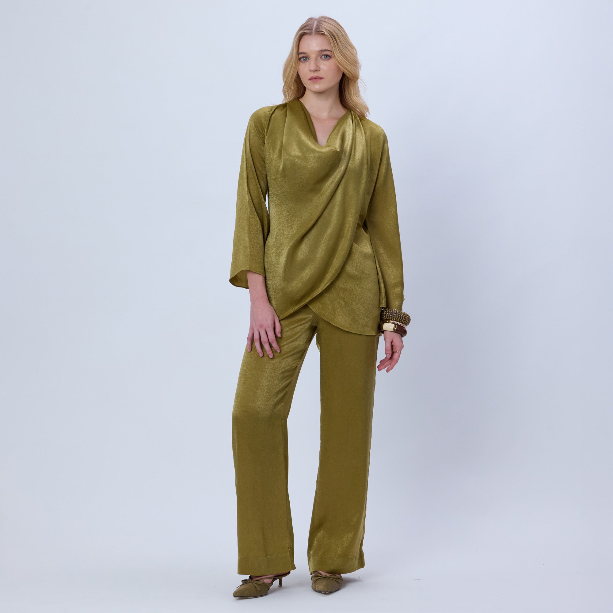 GOLDEN SATIN COWL NECK TOP