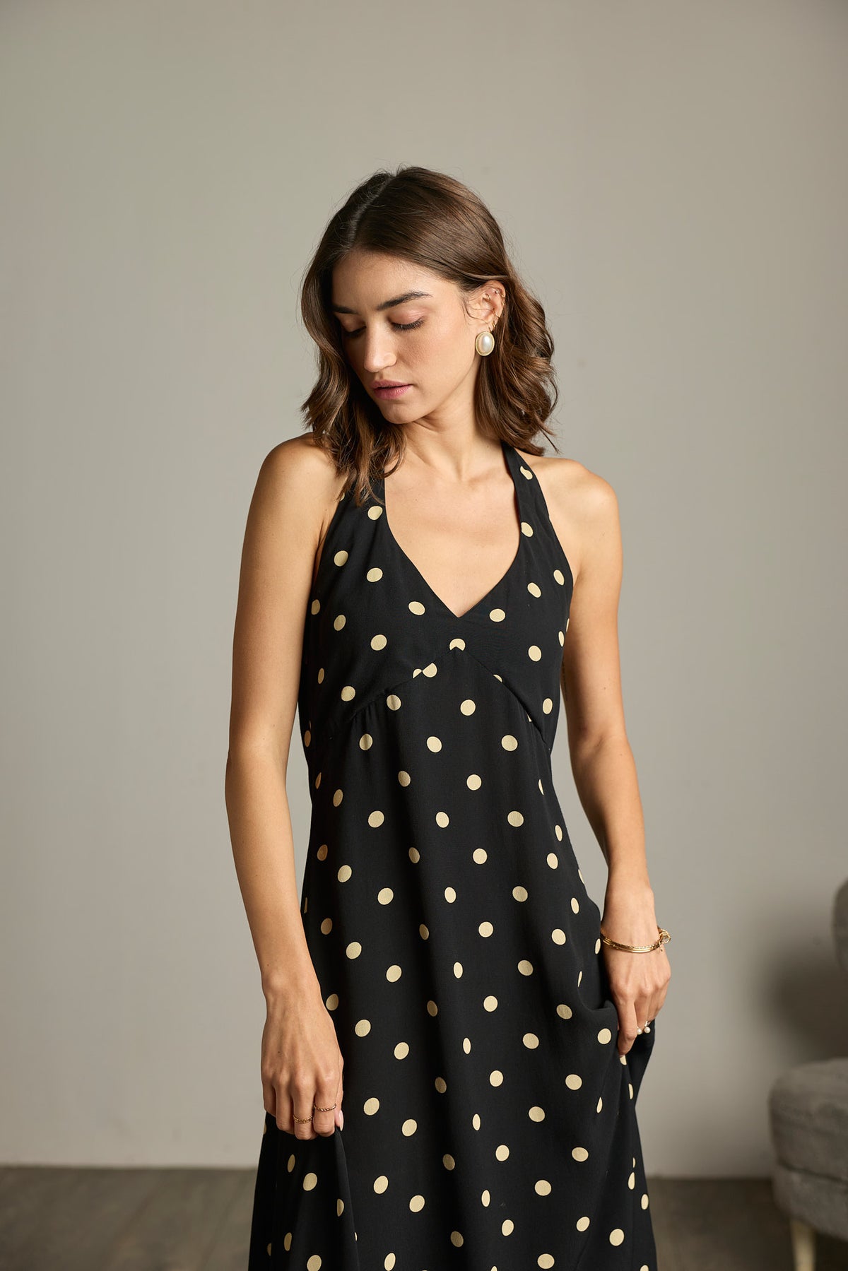 Black & Cream Polka Halter Maxi Dress