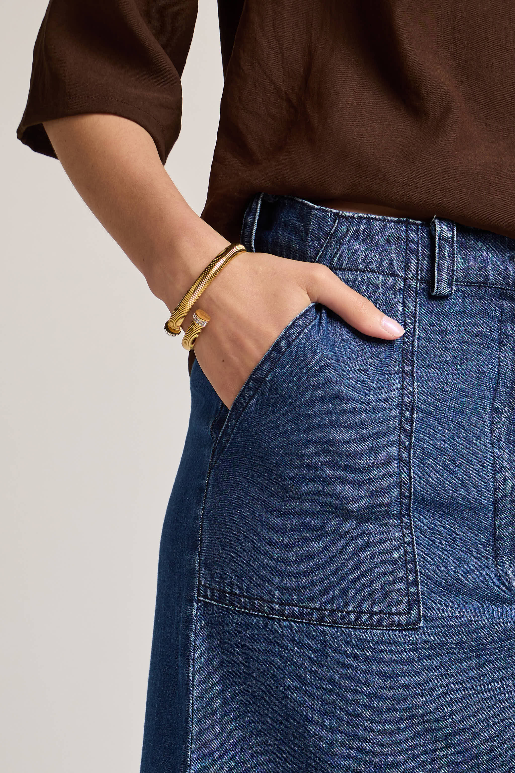 Indigo Button-Front Denim Midi Skirt