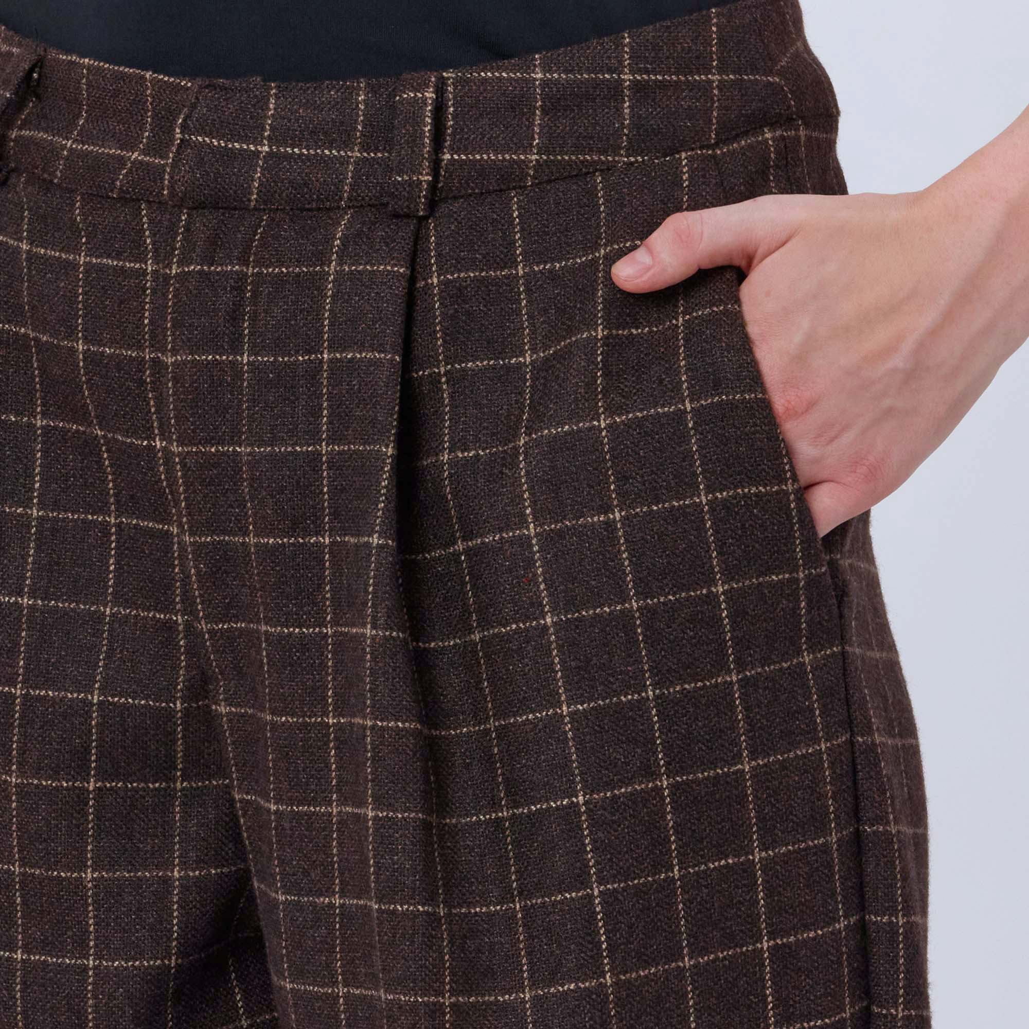 BROWN CHECKED WOOL TWEED PANTS