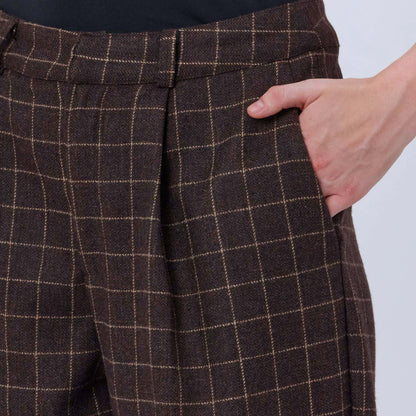 BROWN CHECKED WOOL TWEED PANTS