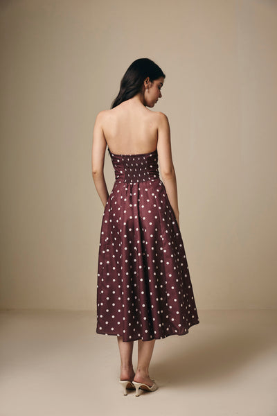 Brown and White Polka Dot Cotton Corset Midi Dress