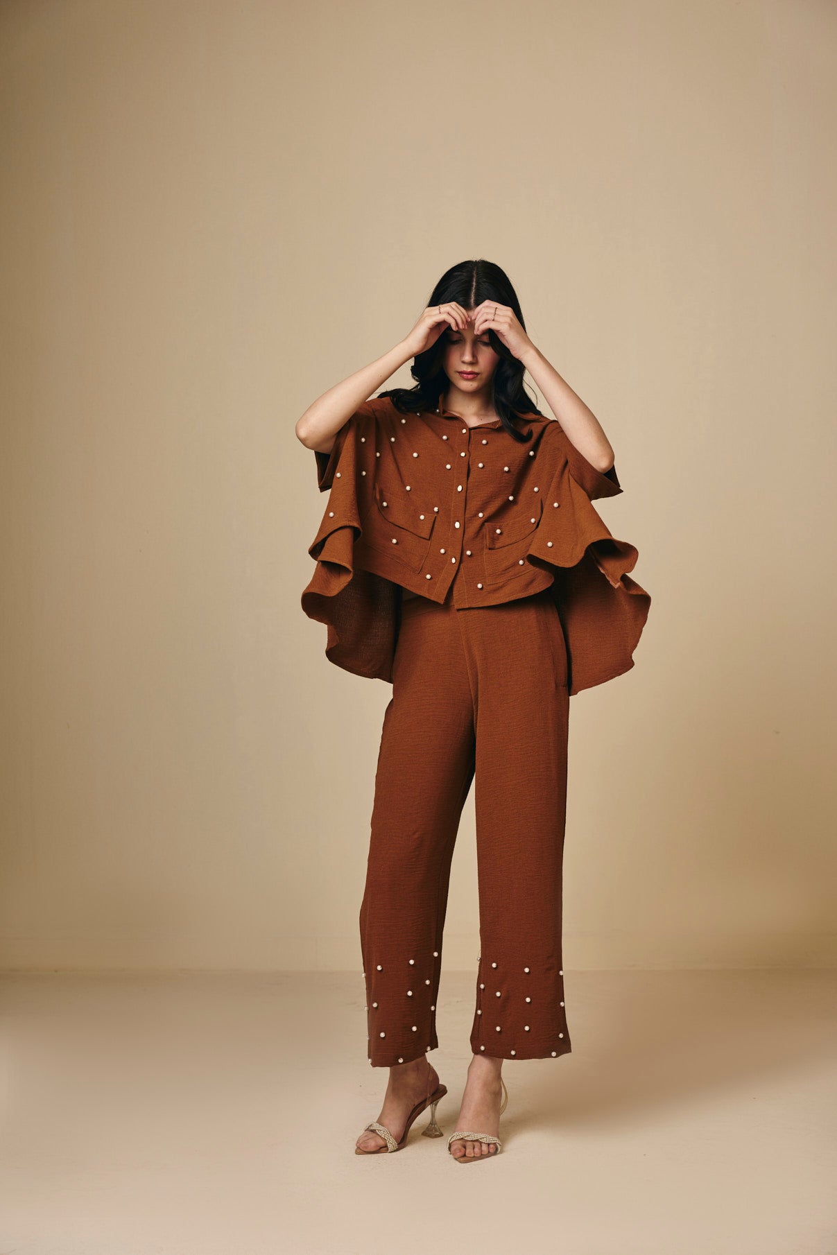 Rust Cotton Asymmetric Shirt with Pearl Detail