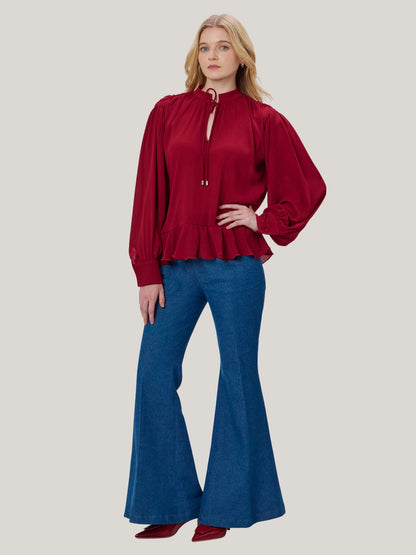 MAROON CHIFFON TIE-NECK TOP