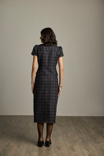 Blue & Black Checked Tweed Puff Sleeve Top