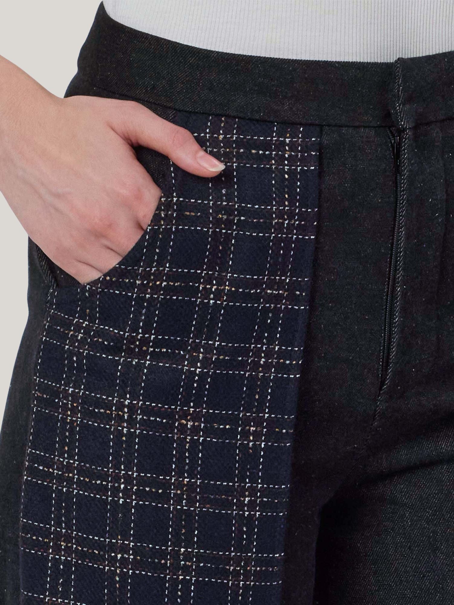 DENIM AND CHECKS TWEED PANTS