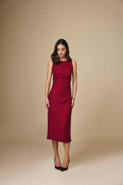 Sunset Maroon Cotton Linen Midi Dress