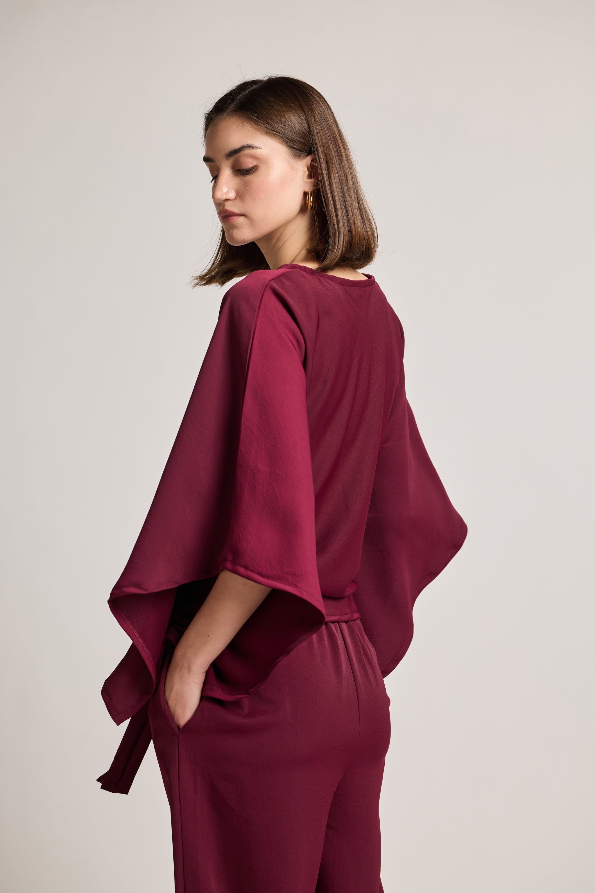 Maroon Tie-Waist Kimono Sleeve Top