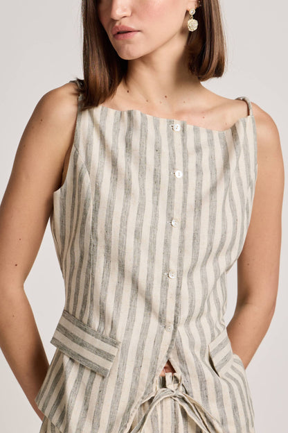 Green and White Striped Linen Waistcoat