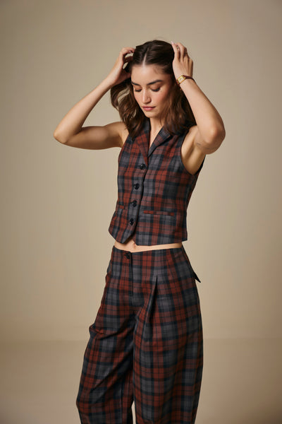 Brown and Blue Checked Cotton Waistcoat