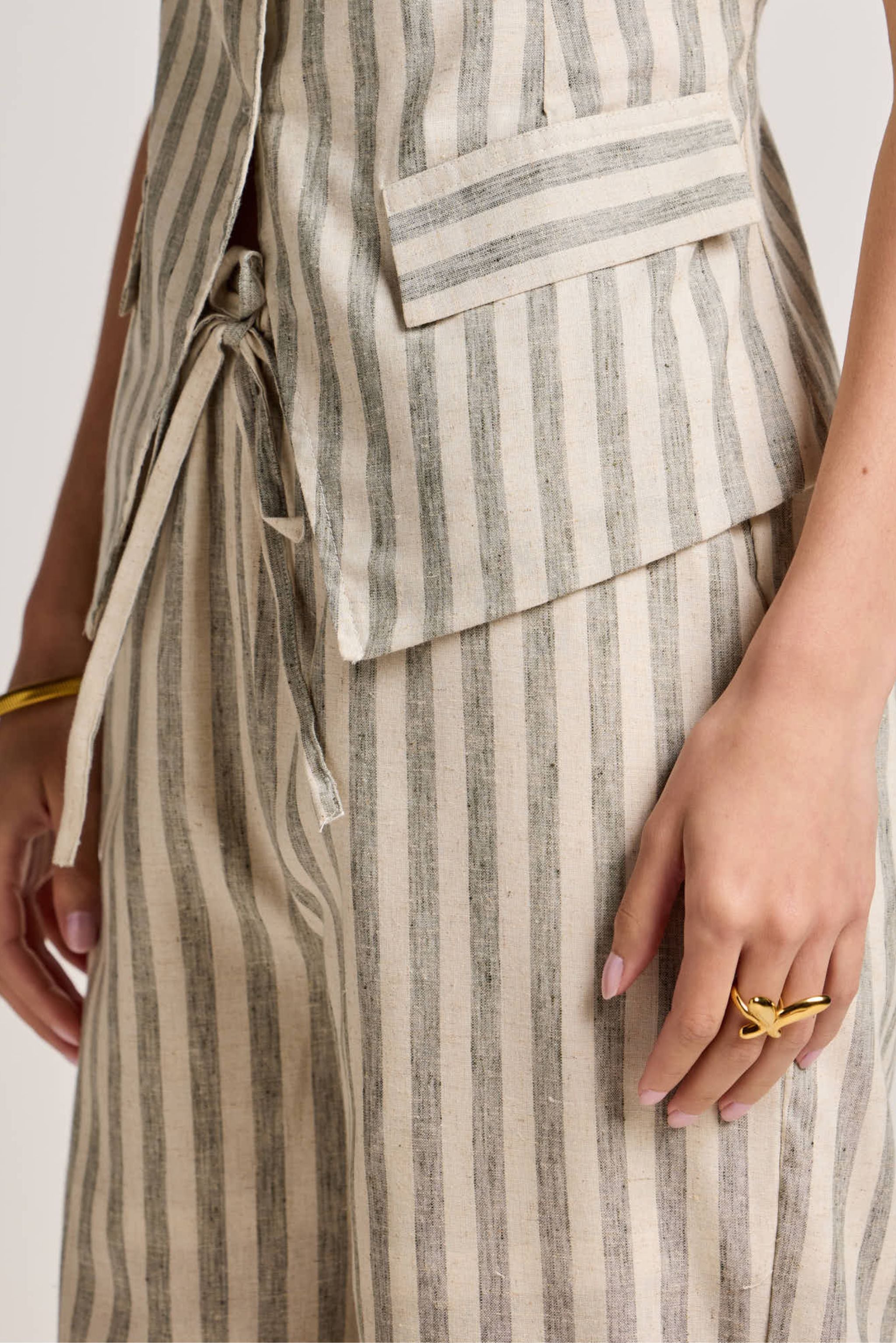 Green and White Striped Linen Trousers