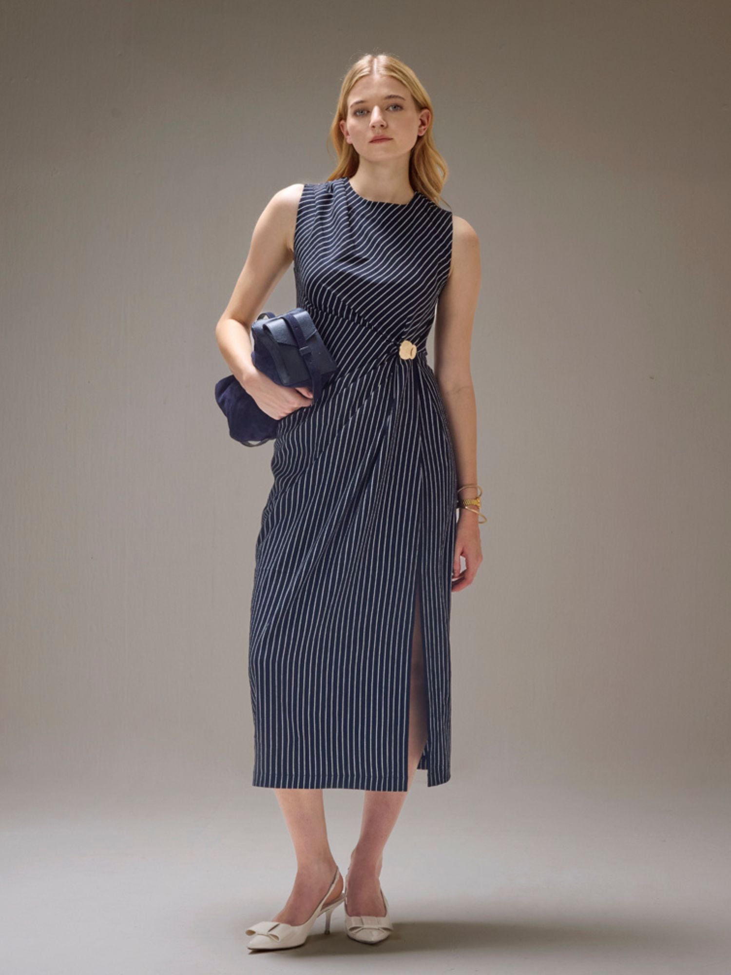 MIDNIGHT BLUE & WHITE STRIPED MIDI DRESS WITH BROOCH