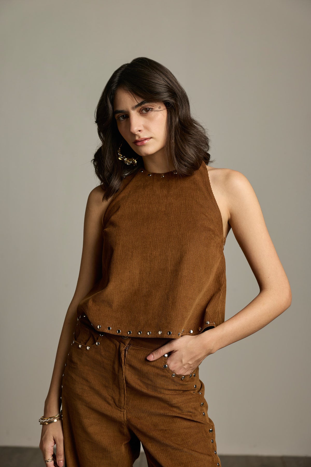 Brown Cotton Corduroy Studded Halter Top