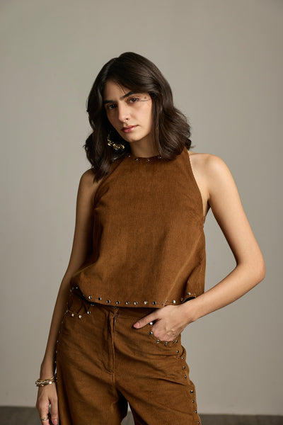 Brown Cotton Corduroy Studded Halter Top