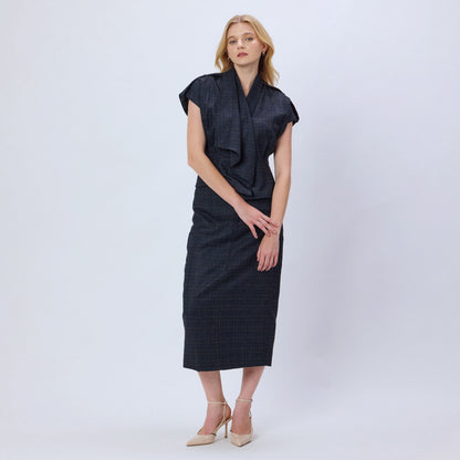 BLUE CHECKED WOOL TWEED TOP