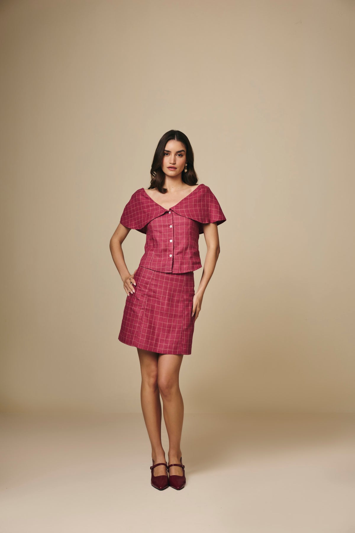 Pink and Cream Checked Cotton Short Skirt