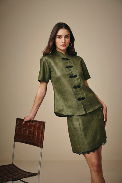 Olive Cotton Linen Mandarin Collar Top with Knot Button Detail