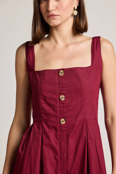 Maroon 100% Cotton Cinched Waist Dress