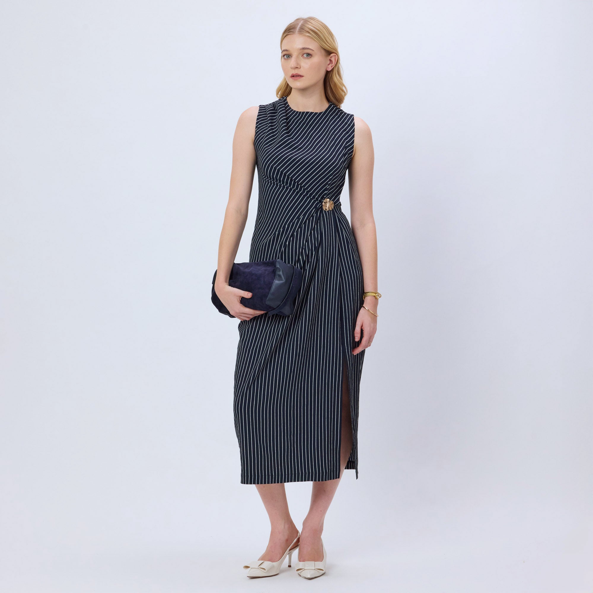 MIDNIGHT BLUE & WHITE STRIPED MIDI DRESS WITH BROOCH