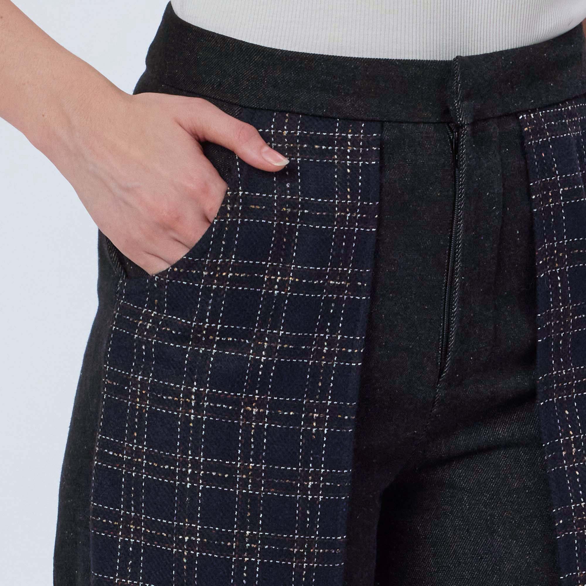DENIM AND CHECKS TWEED PANTS