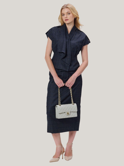 BLUE CHECKED WOOL TWEED TOP