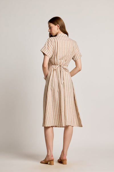Beige and White Striped Linen Dress