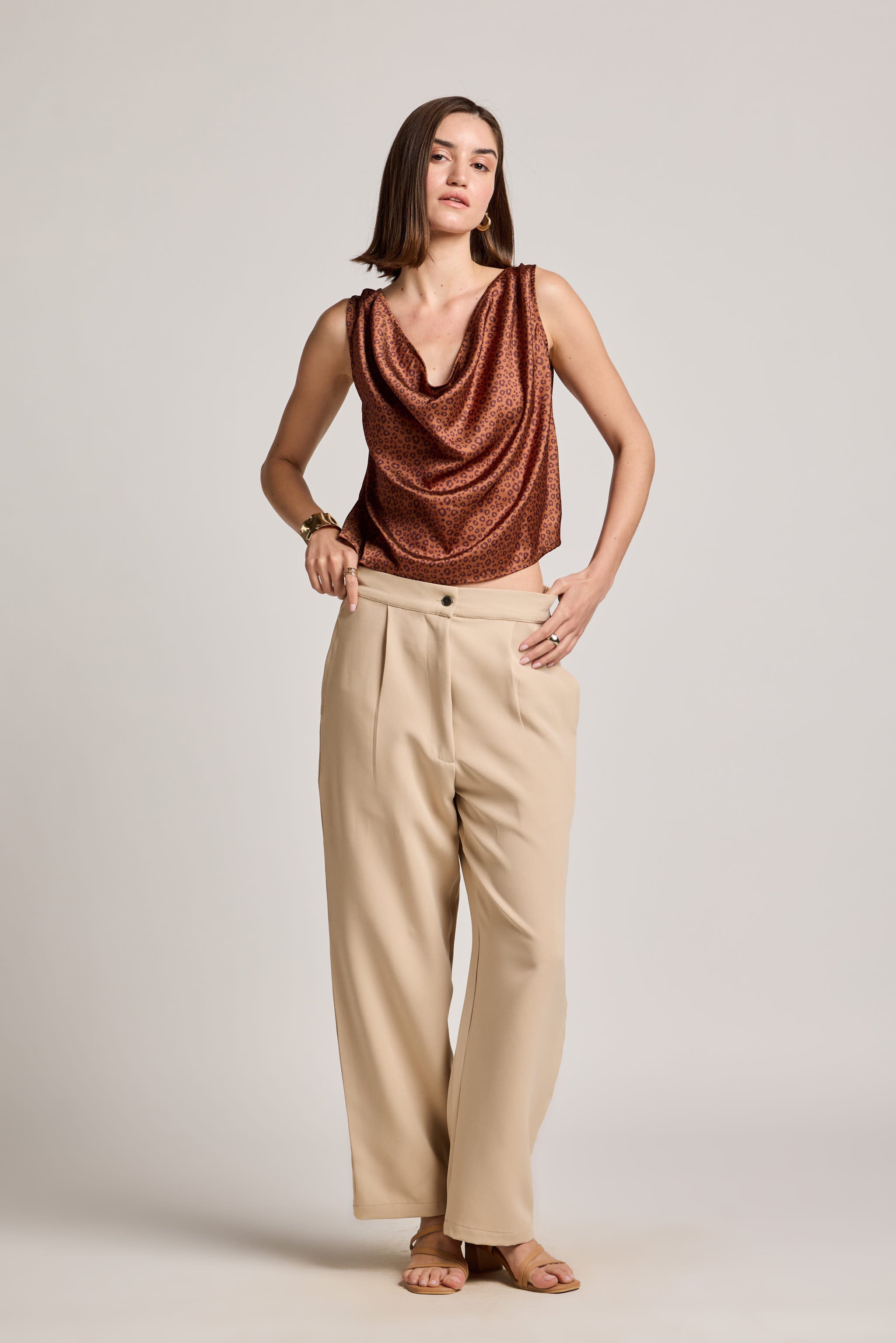 Animal Mocha Cowl Neck Sleeveless Printed Top