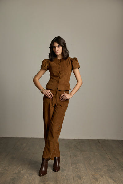 Brown Cotton Corduroy Puff Sleeve Top
