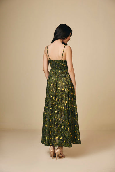 Green Printed Cotton Square Neck Maxi Dress