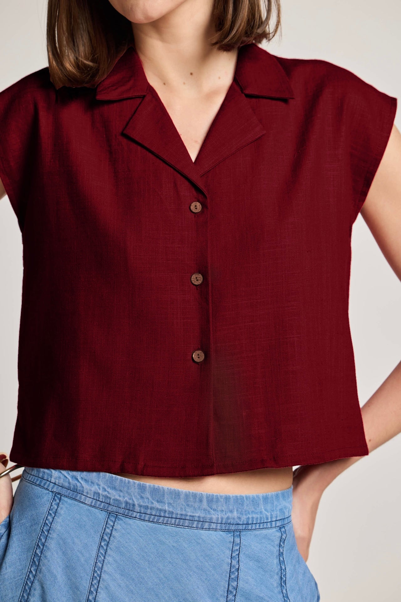 Red Cotton Linen Short Shirt