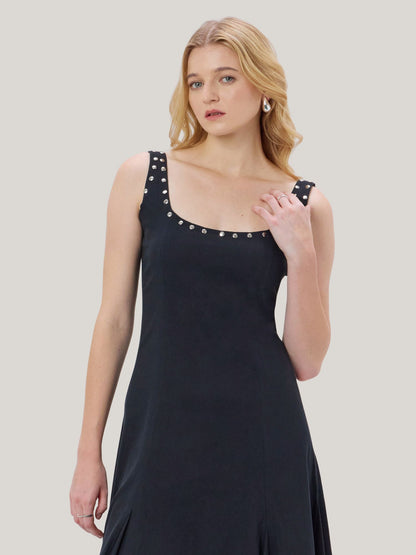 BLACK STUDDED COTTON BLEND MAXI DRESS