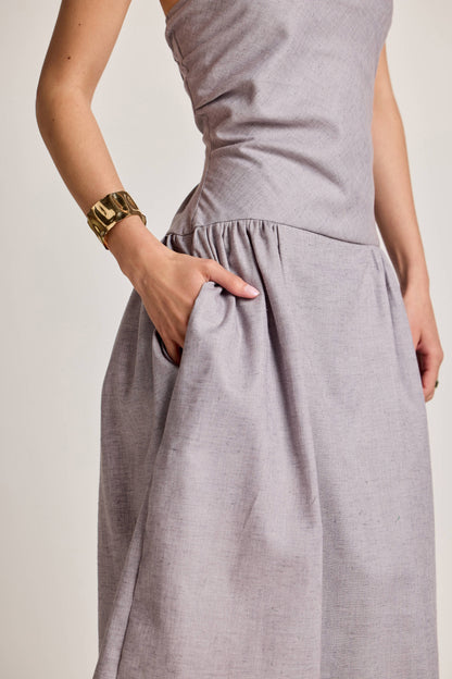 Light Grey Off-Shoulder Cotton Linen Midi Dress