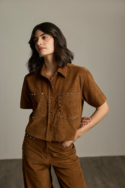 Brown Cotton Corduroy Studded Cropped Shirt