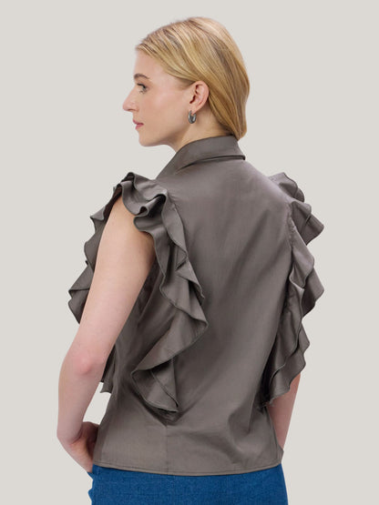 CHARCOAL GREY COTTON RUFFLE SHIRT