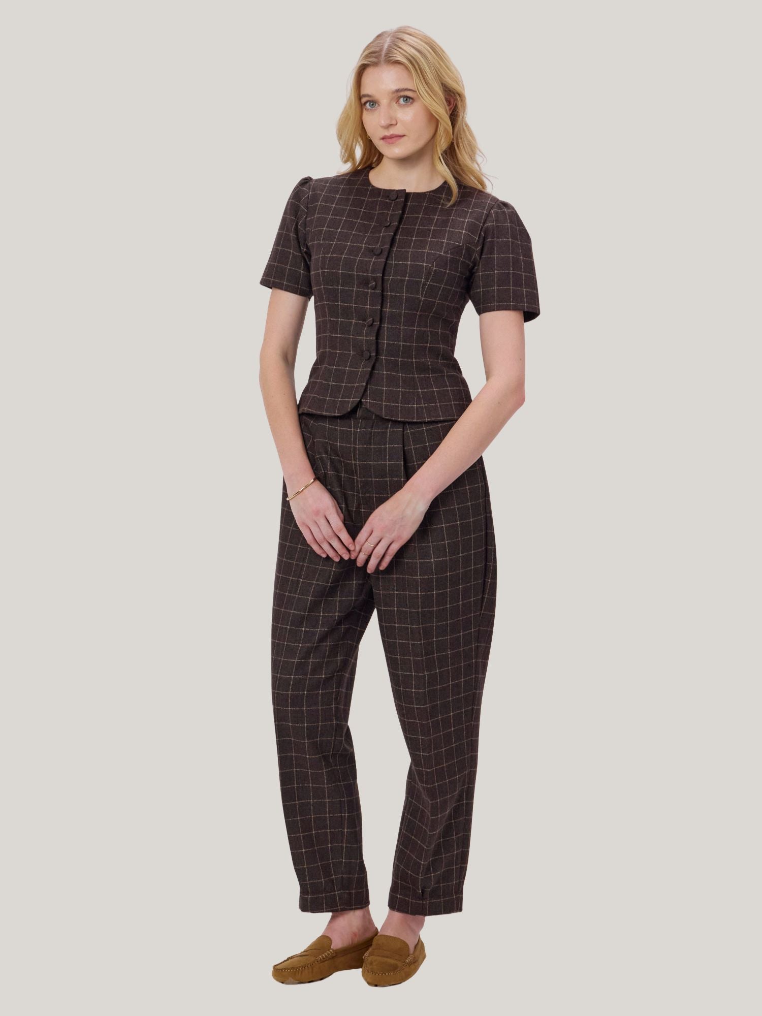 BROWN CHECKED WOOL TWEED TOP